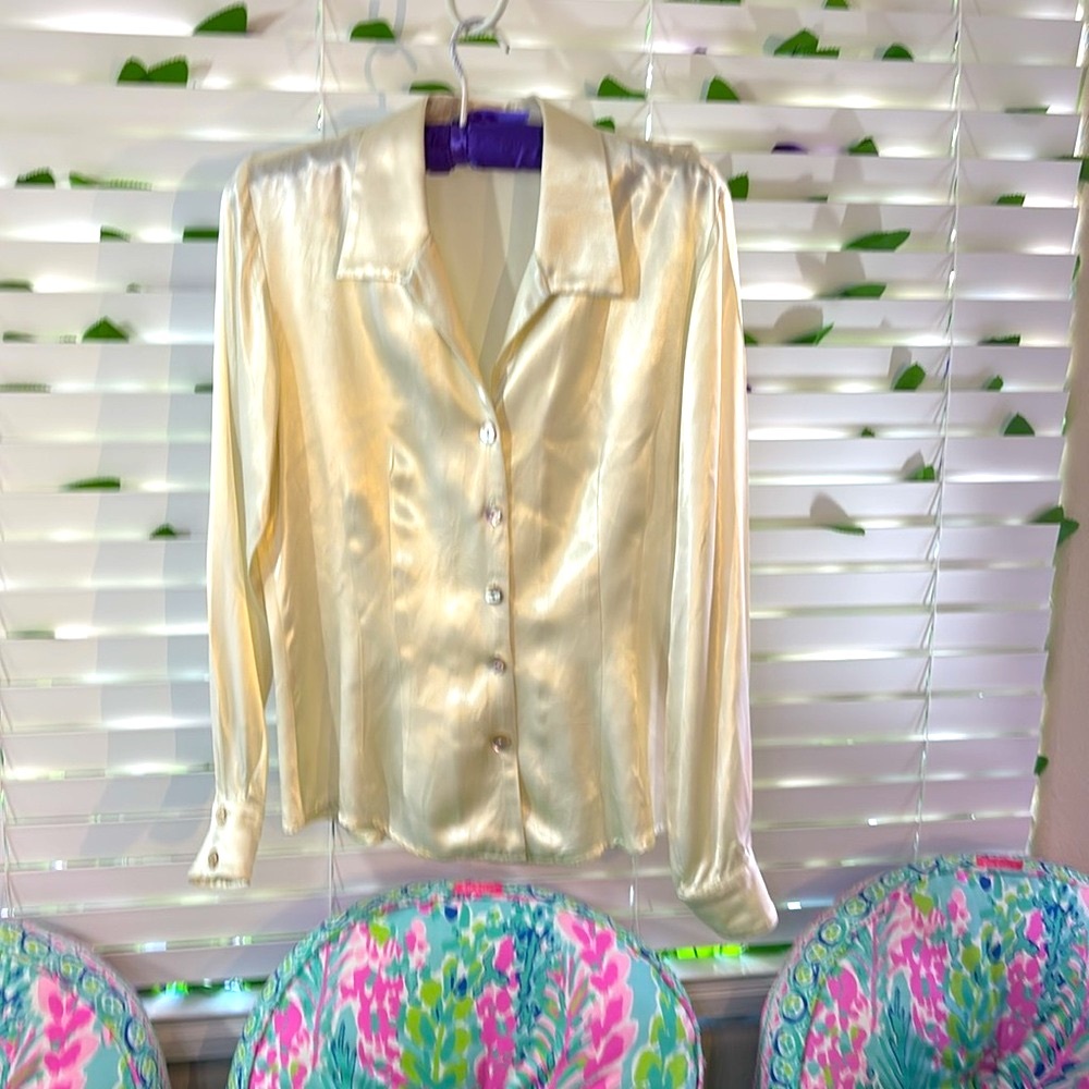 GO cream satin blouse with real abalone shell buttons